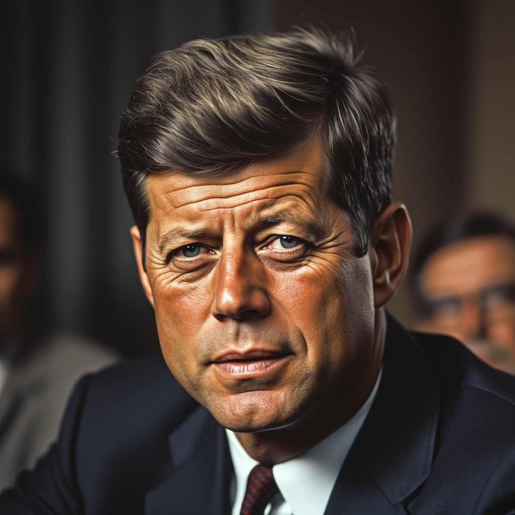 AI generated image by FLUX.1-pro: A realistic color photo portrait of President John F Kennedy as a fifty year old man in the year 1967. He is charismatically looking into the camera, but he has aged seven years as president leads to some hints of gray in his hair, and other signs of aging consistent with being 50 years old