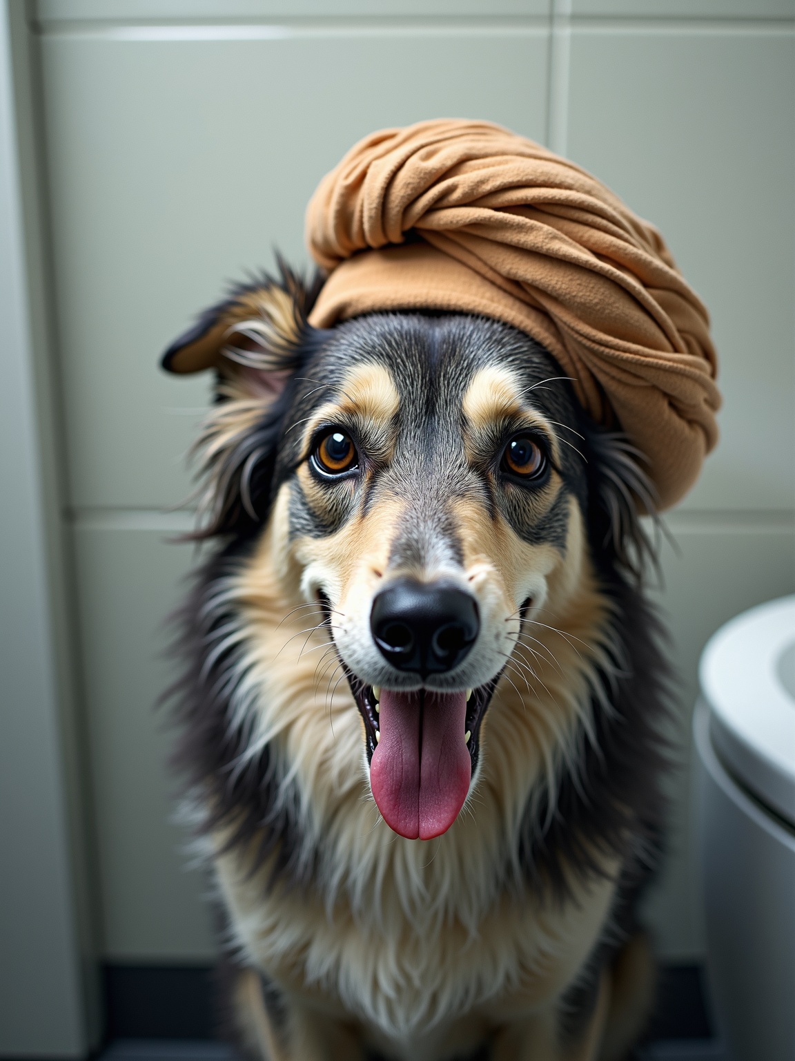 AI generated image by FLUX.1-image-to-image: Photo of this dog in a bathroom with a turban. Photorealistic. 4k