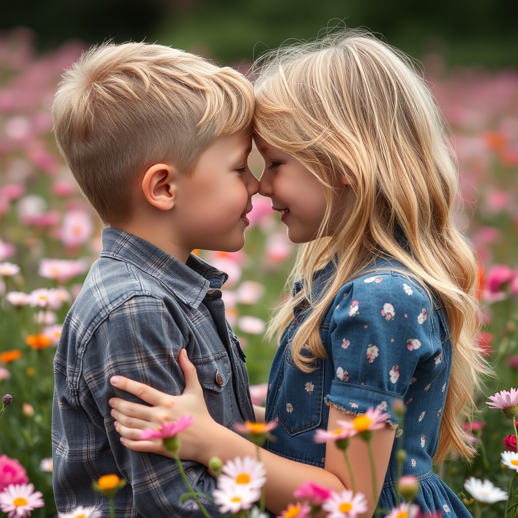 AI generated image by FLUX.1-schnell: un garçon et une fille blonds de huit ans face à face et s'embrassant sur la bouche dans un champ de fleurs