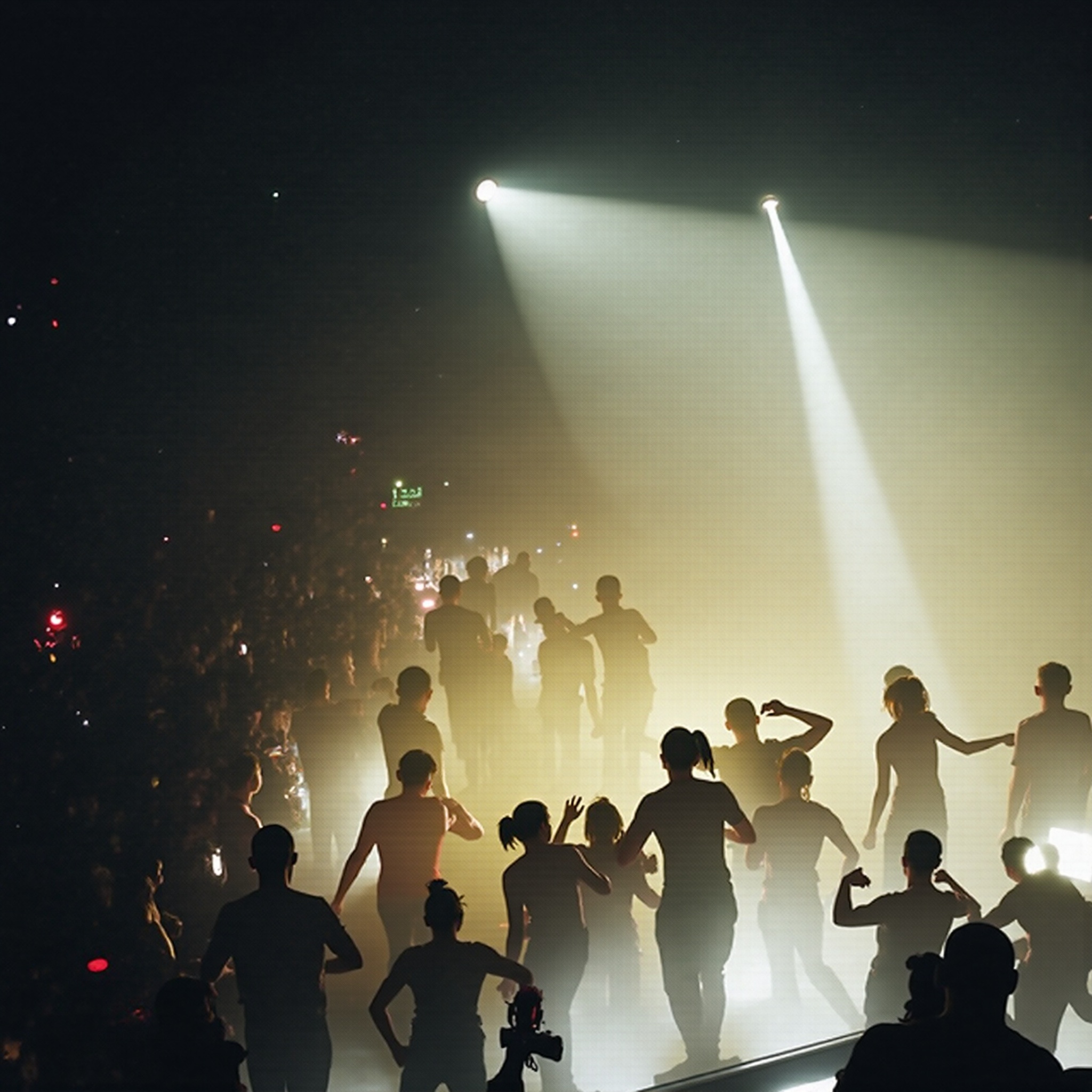 AI generated image by FLUX.1-image-to-image: extend the image to 16:9 , they are at the bar in a huge dance club with dancing crowd in the background with light effects, techno party