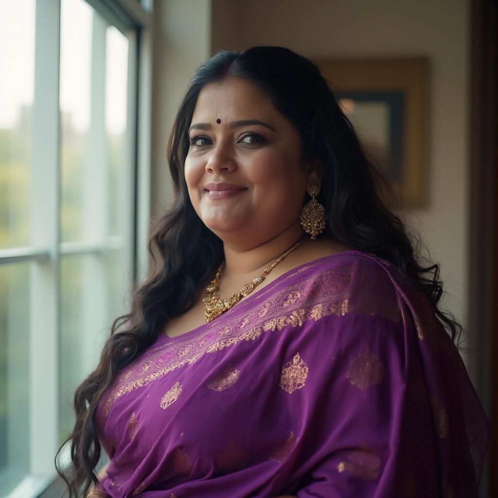 AI generated image by FLUX-Realism-Lora: Indian milf with long hair, 40 yo, plus size, balcony, purple saree, busty, thick