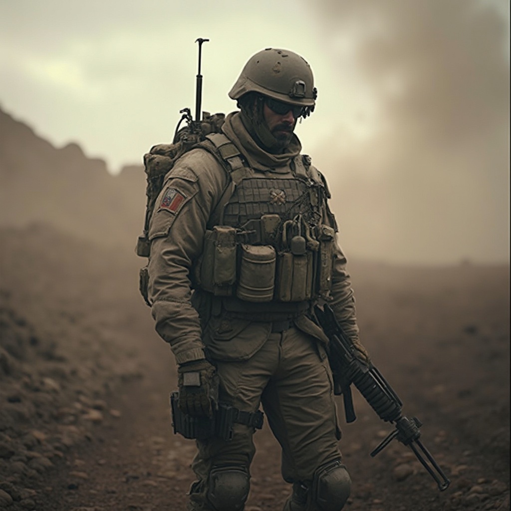 AI generated image by FLUX-Realism-Lora: an injured soldier standing in the battle ground to fight for his country