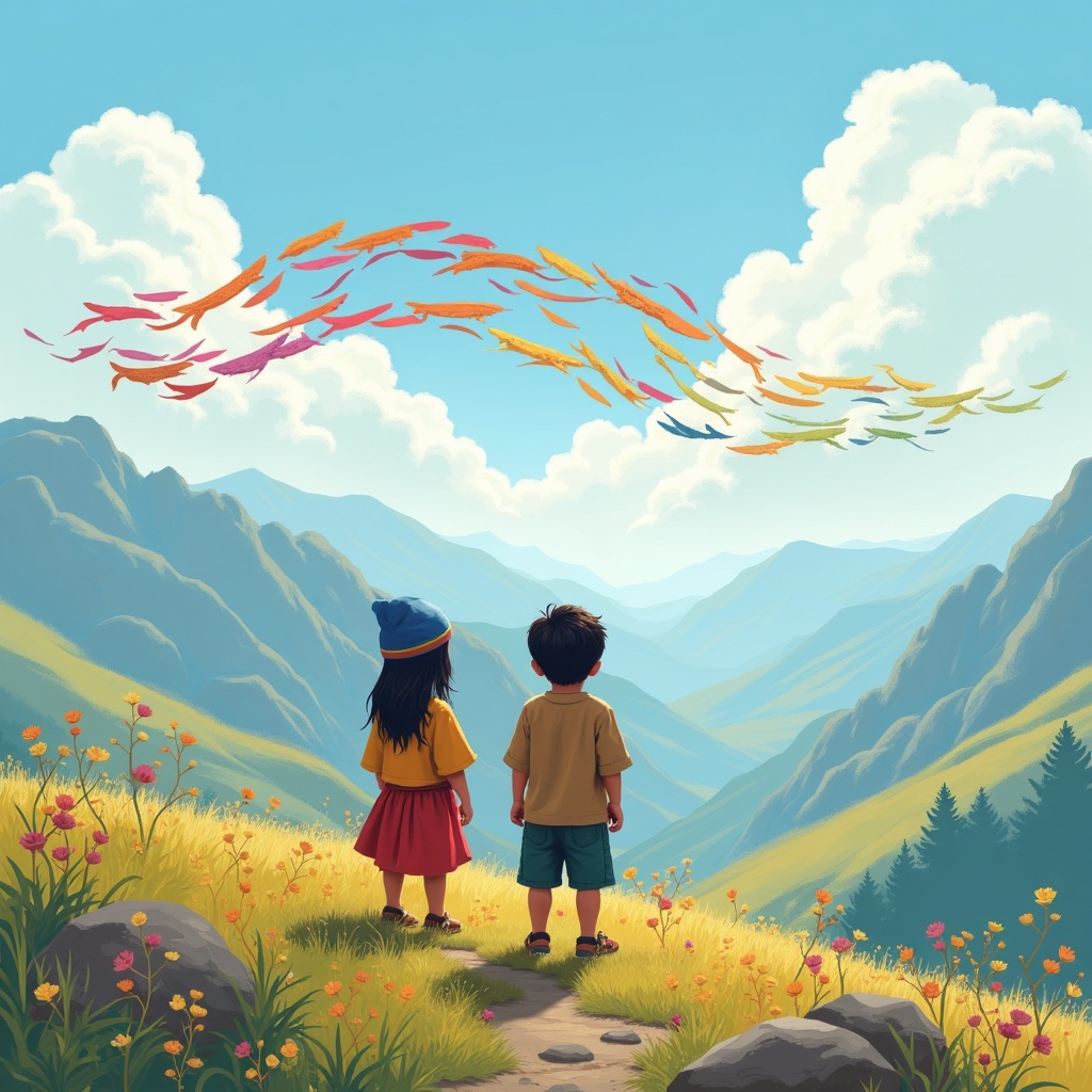 AI generated image by FLUX.1: Prompt:
Niños andinos Ñusta y Amaru observan una trenza de hilos de colores flotando sobre un paisaje de montañas. Cielo despejado, estilo infantil cálido, cultura quechua, ambiente mágico.



