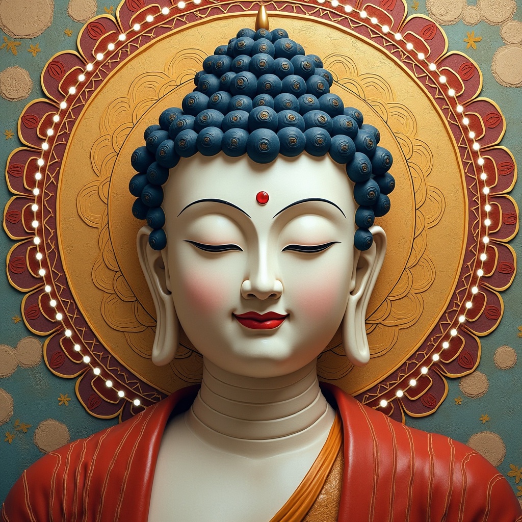 AI generated image by FLUX.1: A Japanese hyper-realistic Buddha, set against a beautifully detailed, mixed-color background with intricate Zen tangle geometric patterns.