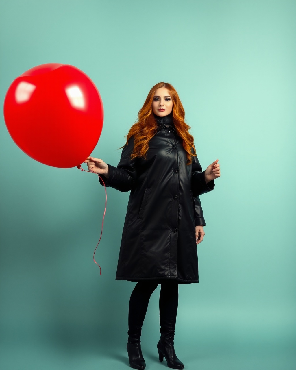 AI generated image by FLUX.1-schnell: Erstelle ein fotorealistisches Bilder einer Frau mit langen roten Haaren. Sie trägt einen schwarzen glänzenden Daunenmantel und schwarze Stiefel. In der Hand hält sie an einer Schnur einen großen roten Heliumballon.