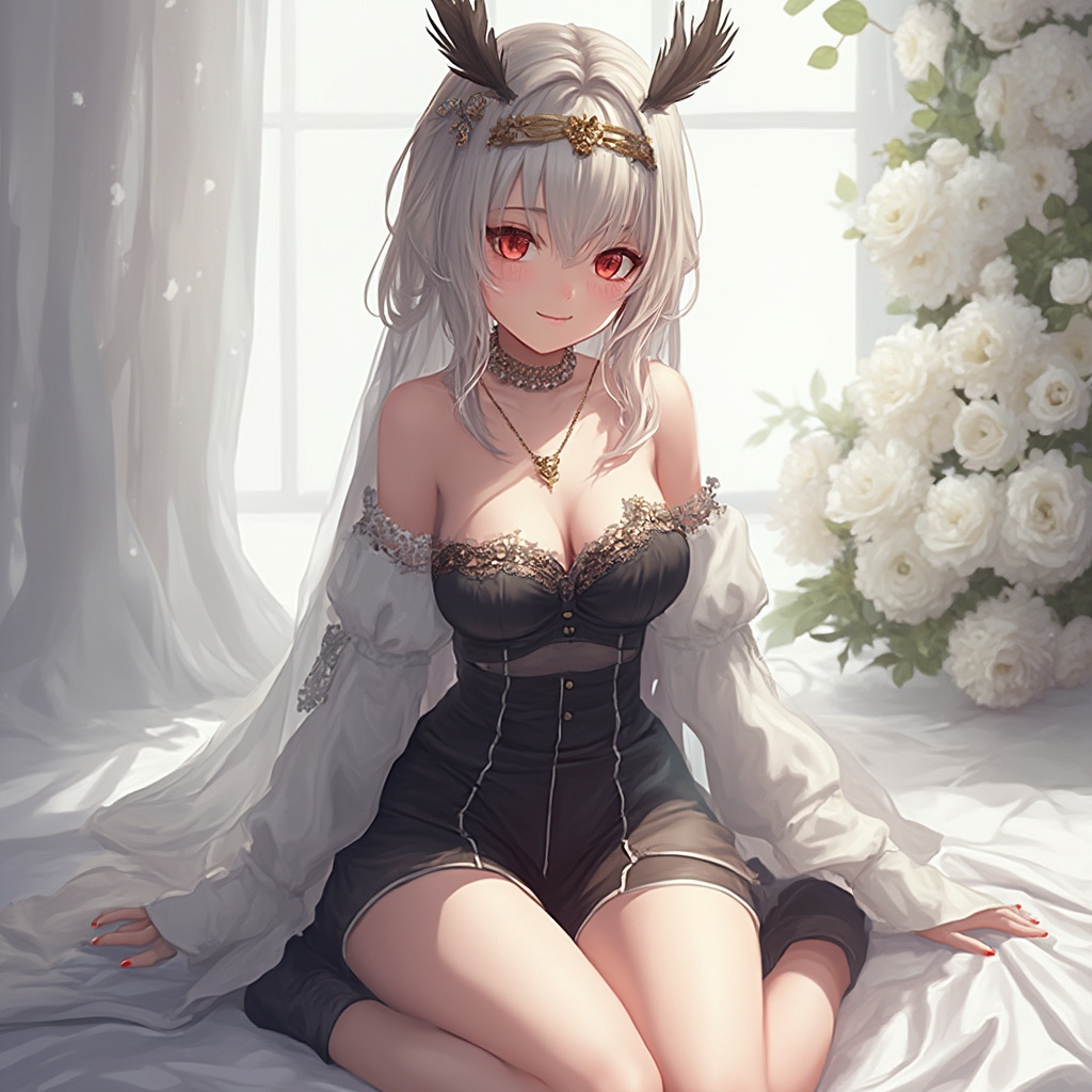 AI generated image by FLUX-Realism-Lora: Young woman (ethnicity:1.0, age:1.1), in cosplay costume, (detailed clothing:1.2), (accessories:1.2), (facial features:1.2), (expression:1.1), seated pose, (body type:1.1), (pose:1.2),  facing viewer, center of frame,  wearing  black and white outfit with lace details,  gold-toned headband with feather-like adornments,  detailed makeup with red eyes, sitting on light gray fabric draped on the ground,  light gray, white, and off-white studio backdrop,  white fabric draping,  white flowers and greenery arranged in the background,  soft lighting,  photorealistic,  high detail,  digital art,  anime style, (detailed hair:1.2)