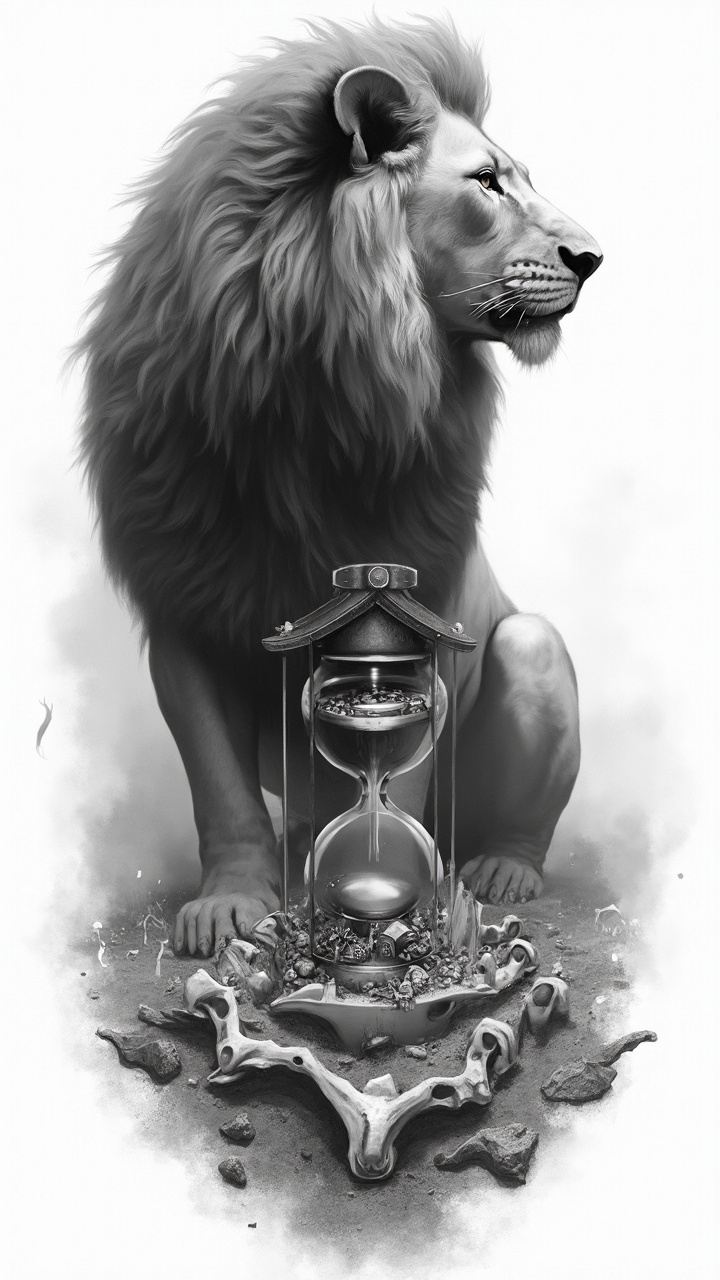 AI generated image by FLUX-Realism-Lora: Ultra-detailed black and grey tattoo design sheet, central dominant figure: realistic lion in three-quarter pose with sculptural mane and tattoo-friendly microtexture; crisp stencil-like linework and bold contour anchors; high-contrast values with graduated shading to create strong volumes and readable silhouette at 2–3 meters; secondary element: antique metallic hourglass partially embedded between the lion’s forepaws with controlled metallic reflections and clearly legible gears; lower scene: low-contrast field of bones and relics rendered as background context that does not compete with the primary figure; upper scene: stylized dust cloud with subtle astral symbols barely visible, minimal detail; transition layer: petals fragmenting into fine sand that morph into the lower ruins, using fragmentation only (no smoke + shadow simultaneously); direction of reading: ascending spiral from lower scene through the hourglass to the lion’s gaze; orientation: 3/4, composition optimized for chest width with slight curvature guidance for chest expansion; neutral plain background, studio-neutral lighting, stencil-ready edges for easy transfer, prioritize tattoo longevity by avoiding excessive microlines and stippling density, maintain clear negative spaces and strong focal contrast, include brief application notes: multi-session plan recommended for ultra-detail, mark areas where microtexture should be simplified to bold texture for long-term retention.