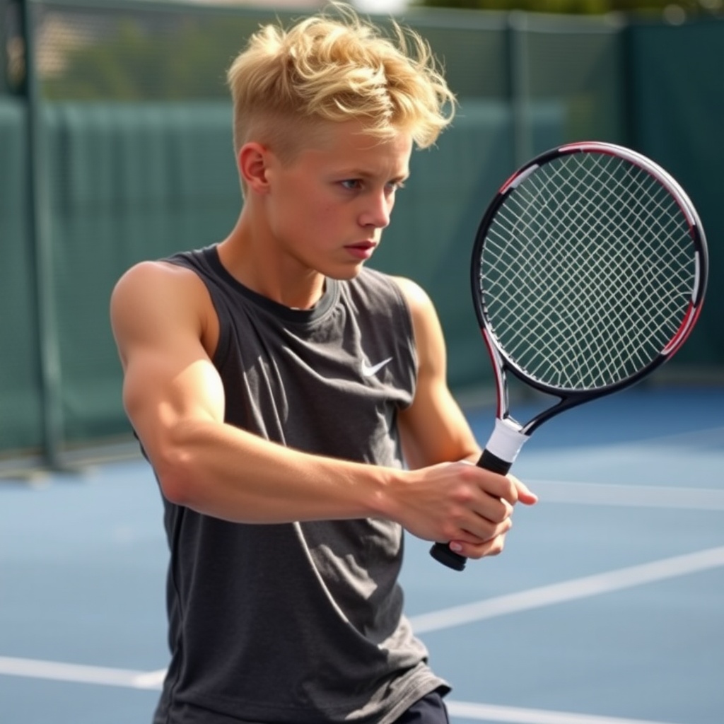 AI generated image by FLUX.1-schnell: garçon blond de huit ans jouant au tennis torse nu
