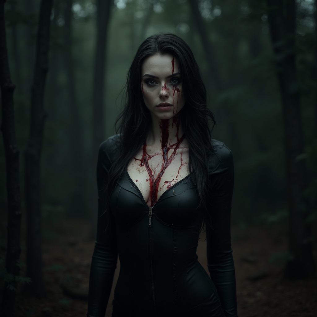 AI generated image by FLUX-Realism-Lora: She the most beautiful vampire girl and she is shot to dead by many enemies. Lot of details, high quality, 15k, View from far away on the vampire girl dying, Real wounds. Ultra realistic photo, Middle European girl, Perfect face, lips, mouth and whole sexy body. She is knelling wounded in the dark forest. Black tight latex suit unzipped, 21 years old, Cute face in shock of being wounded, Heart shot, hourglass body, Most beautiful female, great and perfect sexy body, Perfect face, big full lips, long legs, dark hair, nice blue eyes. She is shot in her chest by the sniper right in her heart, kill shot. Bloody wounds on her chest. Blood everywhere. Bloody bleeding wounds. Dark bloody bullet holes on her chest. She is shot 5 times in her chest. Many bloody bullet wounds on her chest. Big boobs, bare chested