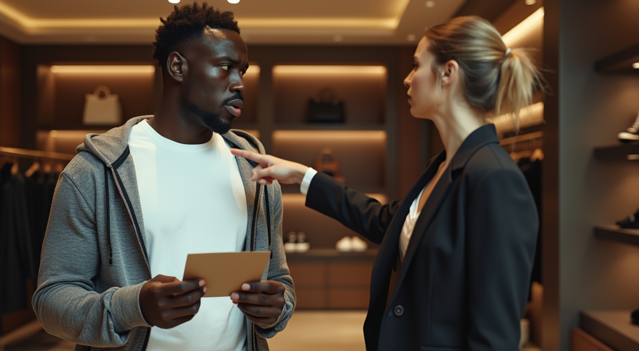 AI generated image by FLUX.1-pro: A photograph inside a luxury store, featuring Sadio Mané, dressed in a white t-shirt and a grey sports jacket, holding an envelope in his hands with a confused expression. In front of him stands a woman in a black suit, her hair tied up, pointing at him aggressively as if kicking him out of the store. The background displays the interior of a high-end store with sleek shelves, modern luxury details, and elegant lighting. The ambiance is sleek and sophisticated, with soft shadows highlighting the characters' emotions. Created using: photorealistic style, high-end lighting, natural color palette, crisp focus, detailed textures, refined modern aesthetic, ambient reflections, soft depth of field, hd quality, natural look 


