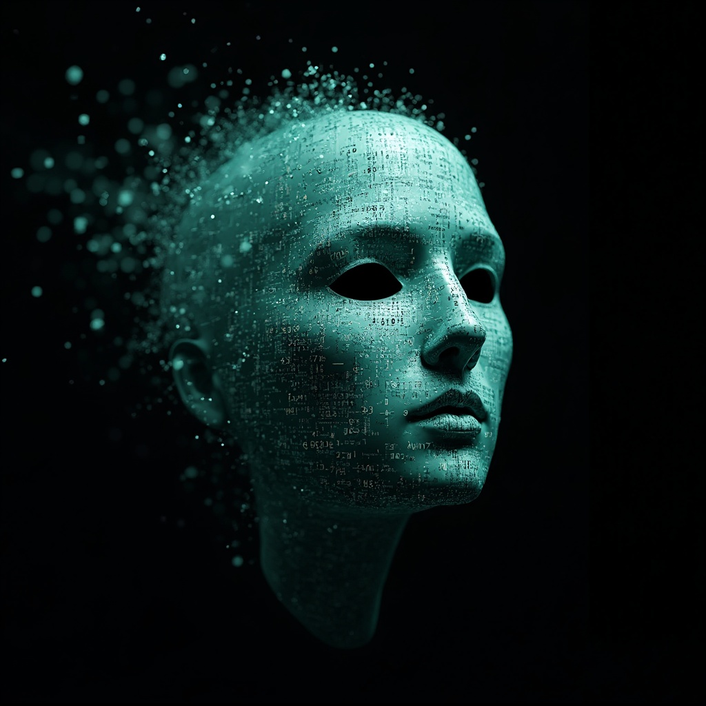 AI generated image by FLUX-Realism-Lora: Ada Lovelace's face as a digital mask made from thousands of turquoise numbers and formulas forming his face. the formulas and numbers fly behind the mask leaving a trail of complexity. the mask is floating dynamically in mid air. his head is turned to the right but his eyes are looking directly into the camera. the mask is on a black background.  like a png with black only background. photo realistic, sci-fi, human features hair