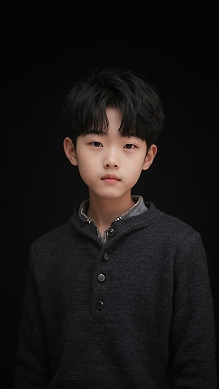 AI generated image by FLUX-Realism-Lora: Super Realism, Headshot of handsome young man, korean, wearing dark gray sweater with buttons, black hair, two block hair style, short hair, clear face, serious look on his face, black background, soft studio lighting, portrait photography --ar 85:128 --v 6.0 --