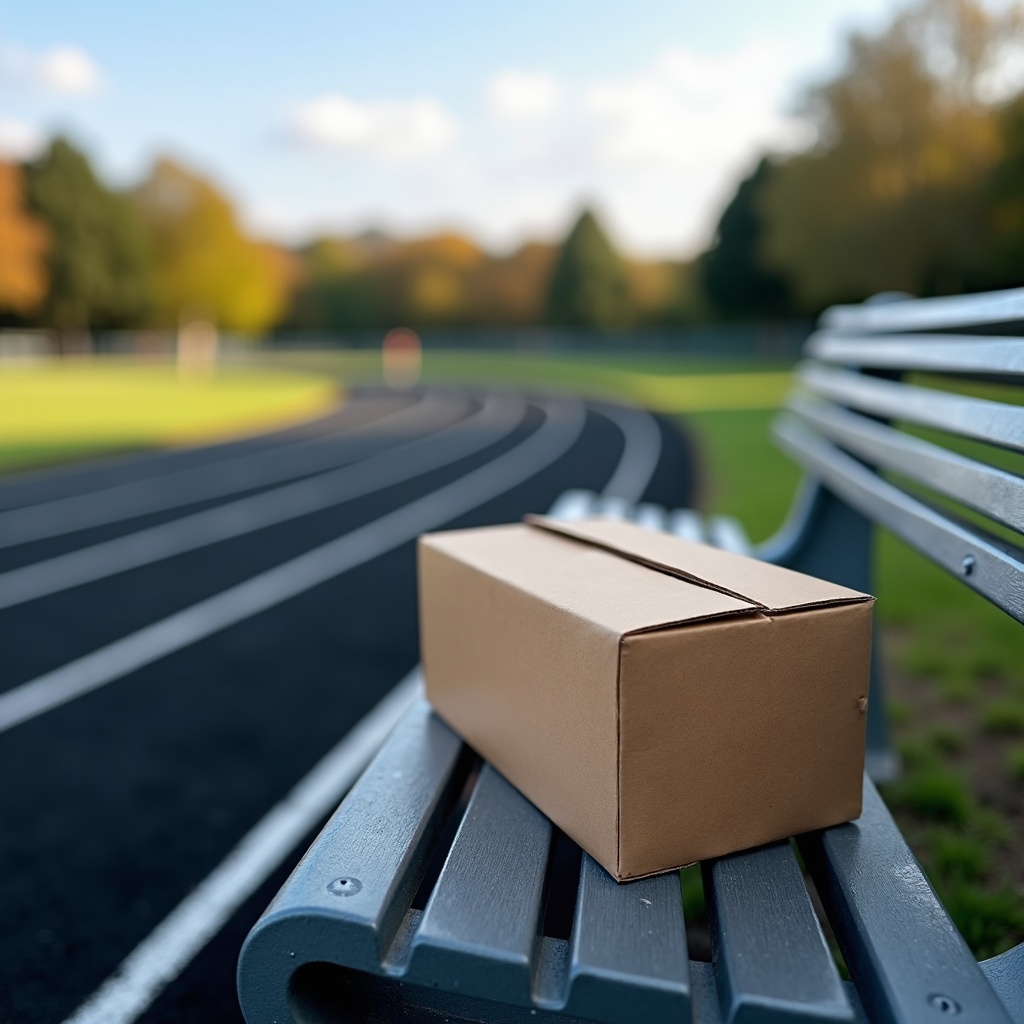 AI generated image by FLUX.1-pro: A photograph of a box of granola bars sitting on an angled metal bench with a running track in the distance. The bench with the box should take up the lower right corner of the composition, while the track and scenery takes up the upper left two thirds of the composition. The running track is made of black rubber turf with white stripes, and the curved part of the track is what is visible to the camera. The photo should include sky and trees off in the distance with lens blur, while the granola bar box and the bench should be in full focus. 