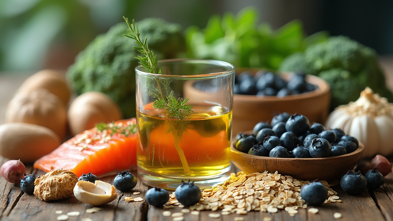 AI generated image by FLUX-Realism-Lora: Super realistic image from the front, detaching the word "10 super Alimentos", being surrounded by olive oil inside small glass, various nuts, salmon meat, oats, broccoli, blueberries, garlic, yougurte, spinach, beans.