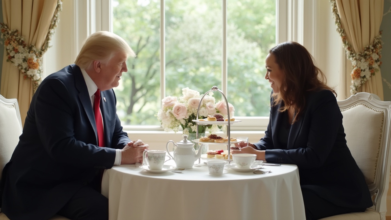 AI generated image by FLUX-Realism-Lora: Donald Trump and Kamala Harris seated together at an elegant high tea. Both are in formal attire, sitting across a small, round table covered in a white tablecloth with a classic high tea setup—teapots, teacups, finger sandwiches, and pastries. They are surrounded by a bright, refined setting, like a sunny Victorian tea room with large windows and delicate floral decor. Trump and Harris look relaxed, sharing a lighthearted, respectful conversation with gentle smiles. The mood is calm and cordial.