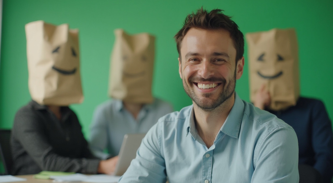 AI generated image by FLUX-Realism-Lora: a male person in an office on a desk with a smile. The office is colored in green at some areas. In the background are sitting 4 more persons on a desk, their faces are covered with a paper bag with a funny smile written with a black pencil on it.