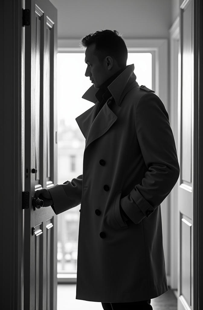 AI generated image by FLUX.1-image-to-image: black-and-white photo with the broad-shouldered silhouette of a man in a trench coat standing in a doorway coming in. 
The man holding the door handle, as if he just entered the room.

