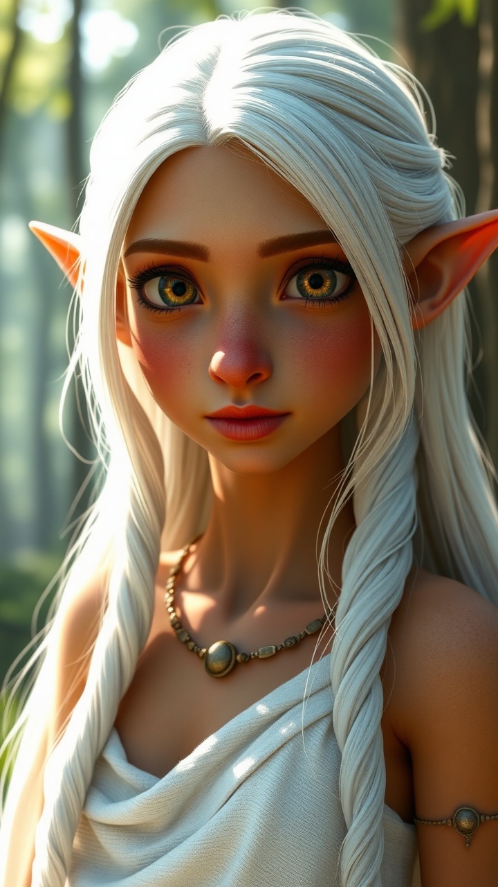 AI generated image by FLUX.1-schnell: Create an Pixar image of a beautiful elf girl, full body shot, 30 years old, painted lips, Focused on the face, tanned skin, golden eyes, pointed ears, long white hair, gigantic nose, dressed in a white chiton, forest, full length, Realism --ar 9:16 -- stylize 750 --v 6, HD, 4K