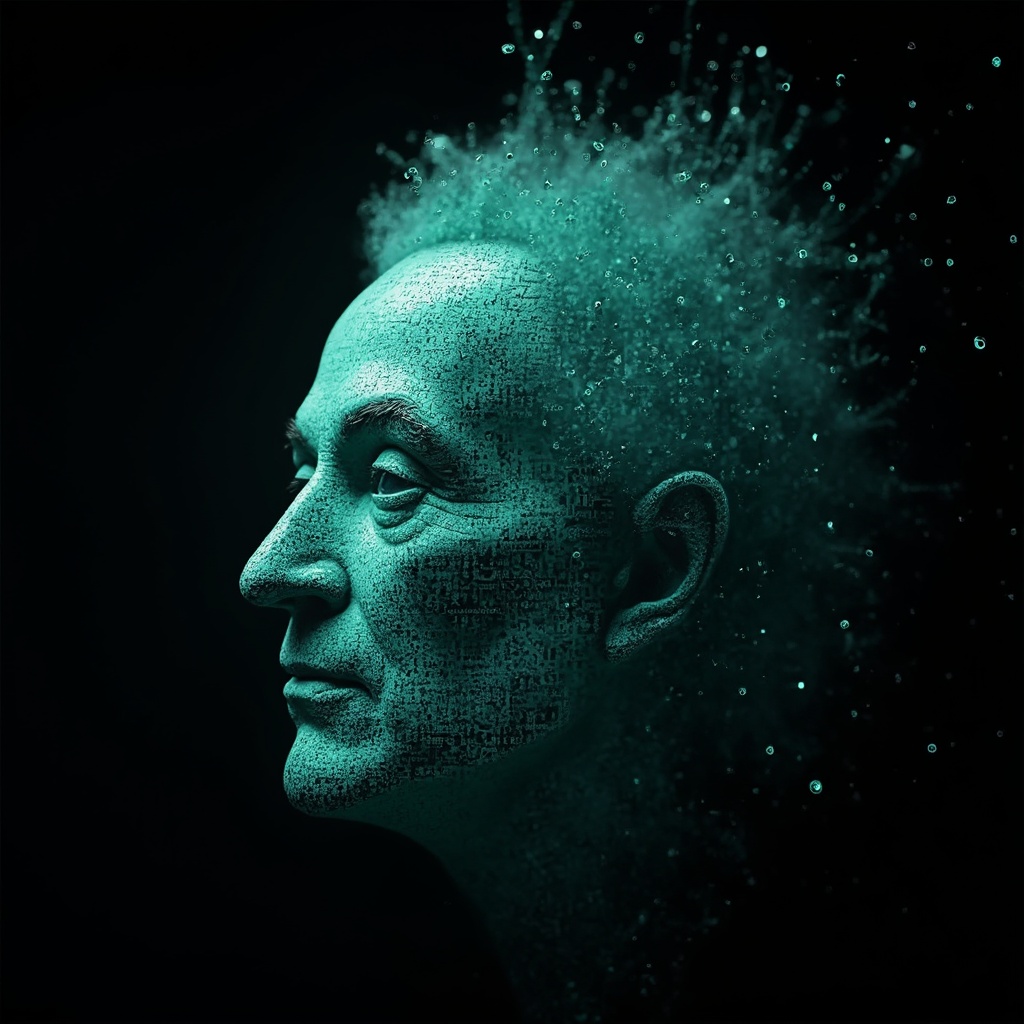 AI generated image by FLUX-Realism-Lora: Richard Feynman's face as a digital mask made from thousands of bright turquoise numbers and formulas forming his face. The formulas and numbers fly behind the mask leaving a trail of complexity. The mask is floating dynamically in mid air. His head is turned to the right but his eyes are looking directly into the camera. The mask is on a black background. Like a png with black only background. Photo realistic, sci-fy