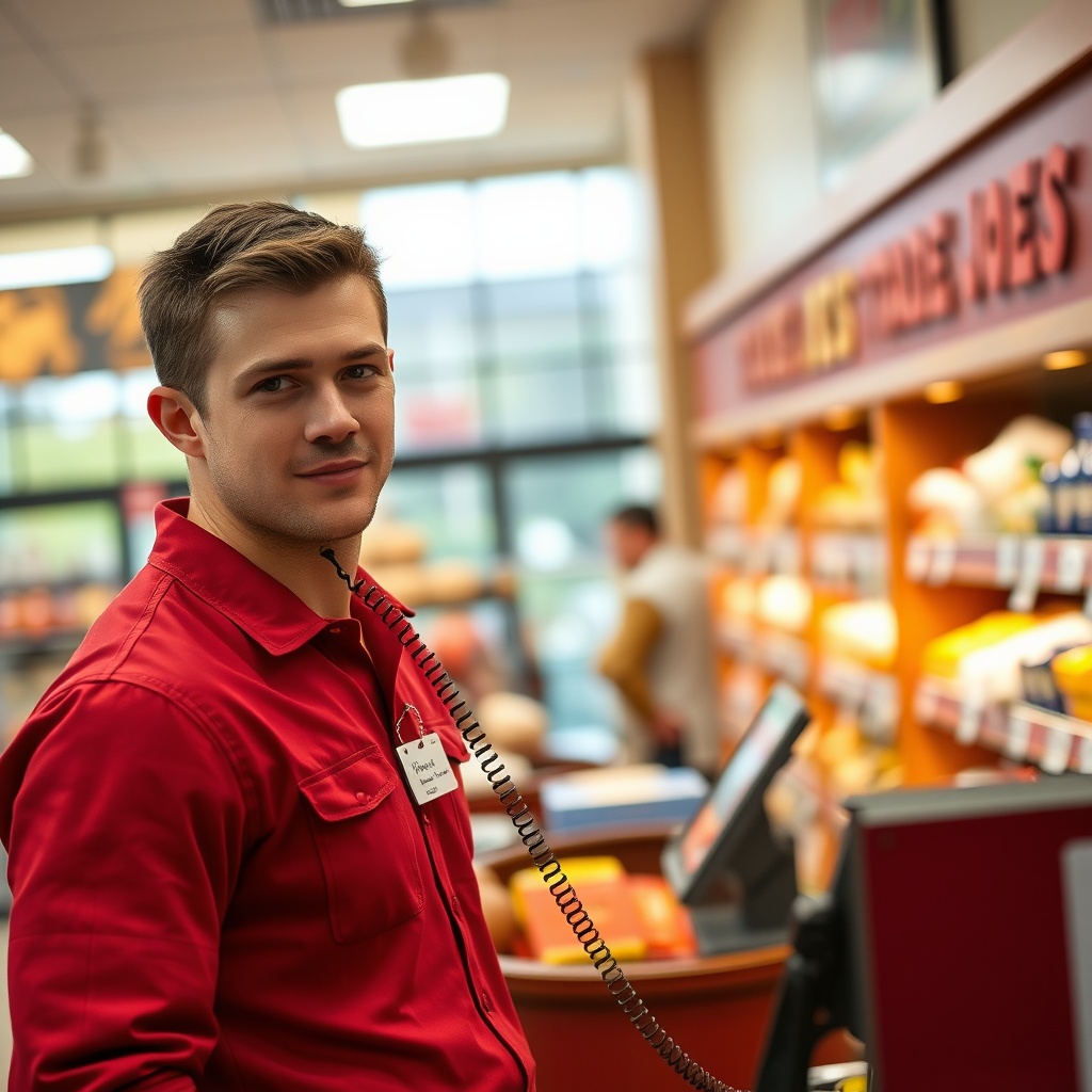 AI generated image by FLUX.1-schnell: A young man, Alex Ambrose, in his late 20s with short brown hair, a clean-shaven face, and a slim athletic build, wearing a red Trader Joe’s uniform with a name tag and khaki pants, answering a store phone at a checkout counter. The setting is a cozy Trader Joe’s store with neatly arranged shelves in the background, under warm evening lighting.
Camera Angle: Medium close-up, focusing on Alex.
