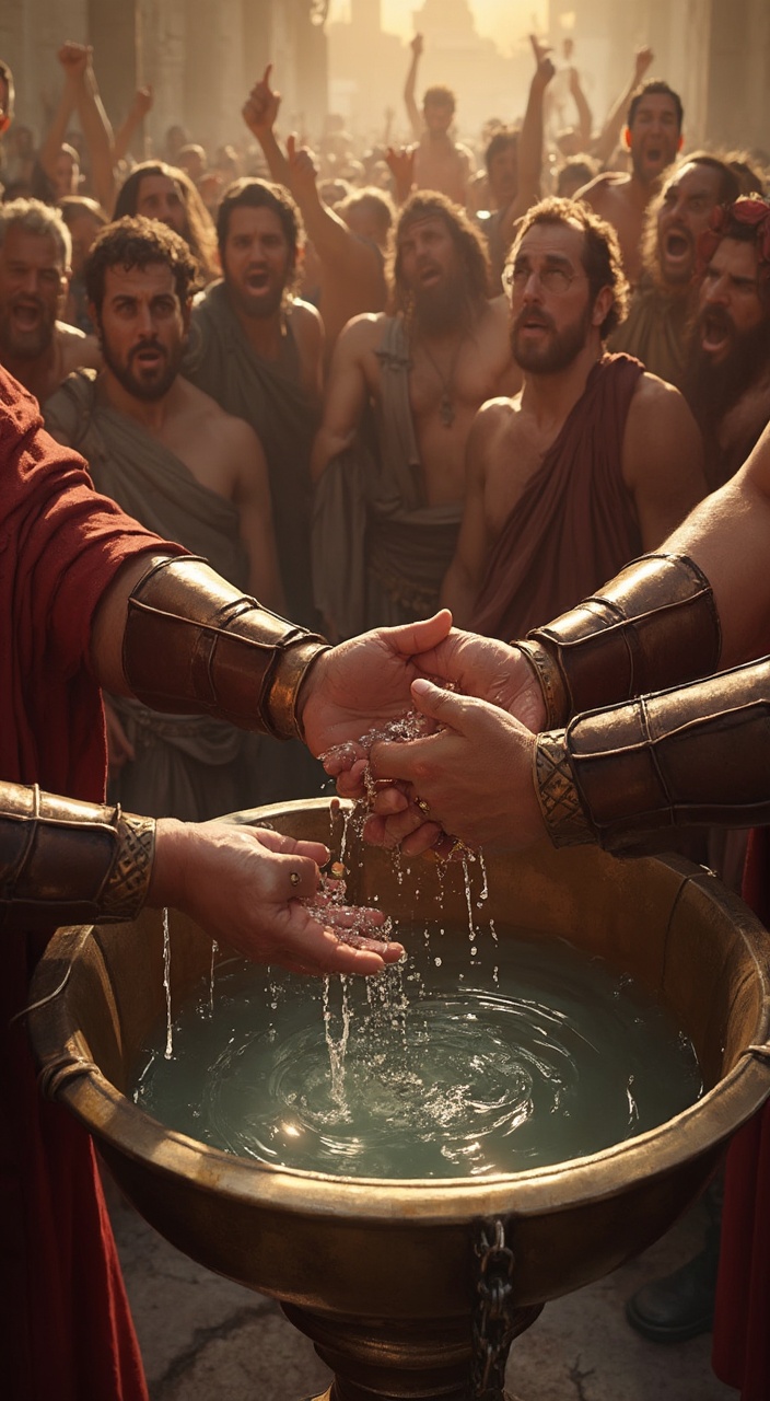 AI generated image by FLUX-Realism-Lora: A first-person perspective of **Pontius Pilate washing his hands** in a **large, ornate bronze basin** filled with clear water, held firmly by two **Roman guards**. His **wet hands**, trembling slightly, submerge into the water, creating small ripples as droplets slide down his **golden rings**. The guards' **strong hands, clad in leather bracers**, grip the basin tightly, their **red tunics and polished armor reflecting the harsh Jerusalem sun**. In the background, the **Jewish crowd is in turmoil**, shouting, gesturing, and demanding justice, their **faces contorted with anger and desperation**, with some raising their hands toward the sky. The deafening cries echo through the tribunal, mixing with the sound of **water dripping from Pilate’s fingertips**. The setting sun casts **long, dramatic shadows** over the **ancient stone floor**, as Pilate silently watches the water carry away the weight of his decision.