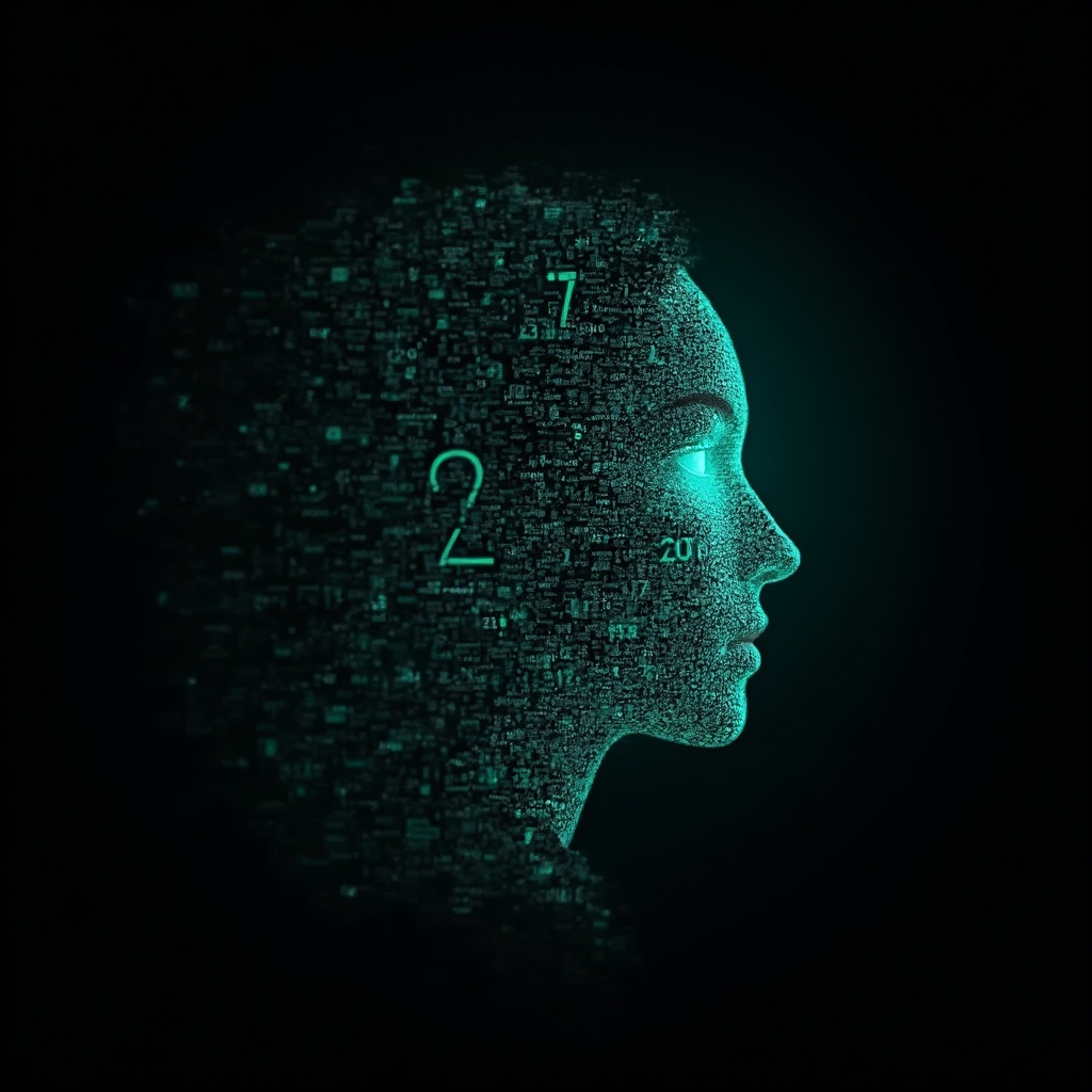 AI generated image by FLUX-Realism-Lora: Emmy Noether's face as a digital mask made from thousands of bright turquoise numbers and formulas forming her face. The formulas and numbers fly behind the mask leaving a trail of complexity. The mask is floating dynamically in mid air. Her head is turned to the right but her eyes are looking directly into the camera. The mask is on a black background. Like a png with black only background. Photo realistic, sci-fy