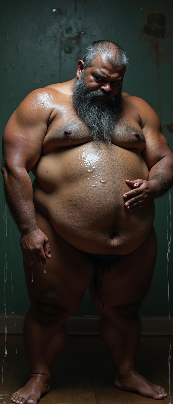 AI generated image by FLUX.1: Danny who is a big pot bellied, obese, dark skinned, hairy, grey haired, lustful, macho, matured hairy dark Tamil alpha male math teacher with thick eyebrows, full plump lips, thick beard and very big beefy and muscular chests is holding Tommy, a stocky student. Danny and Tommy are having a secret affair after class. Both Danny and Tommy are completely naked without clothes on and wet all over. Tommy is caressing Danny's masculine, hairy, big, fat, dark skinned pot round belly with a big belly button. Danny's dark skinned big hairy belly has a big round belly button that is deep. Danny also has fat beefy thighs and big feet. Danny is hugging Tommy very close with both his big strong arms and is spitting a lot of wet strands of saliva in Tommy's wide open mouth with his tongue out. The saliva runs down all over Danny's beard, his big hairy belly, thick thighs and his thick feet. Danny has a thick, erect penis with  low hanging scrotum which is drenched in saliva.
