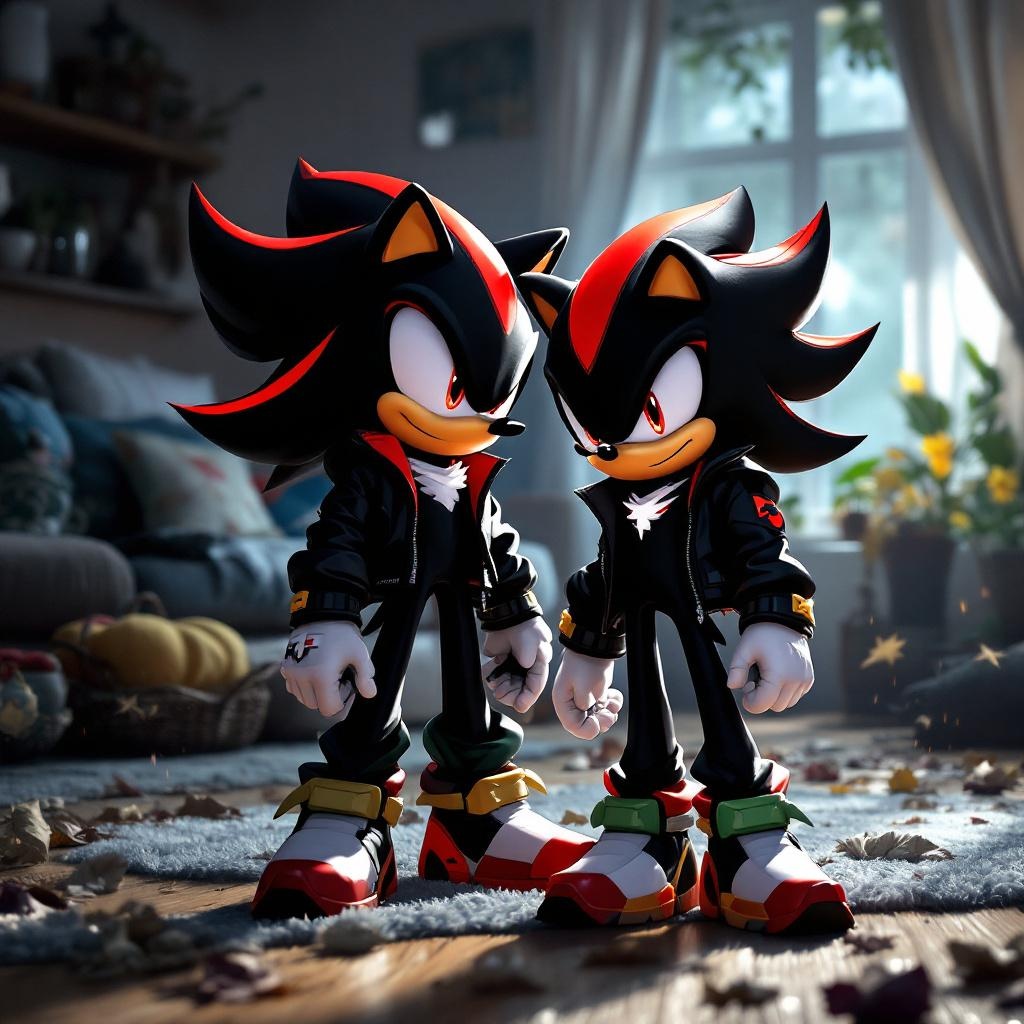 AI generated image by FLUX.1-pro: Shadow the Hedgehog wears unwrinkled shiny black leggings and nike jacket at home. modern cool. 16:9. Shadow odada yatağında oturur. Sonic.exe bıçağını onun boğazına dayar ve yavaşça bıçakla Shadow'un boğazını keser. kan fışkırır. Sonic.exe, Shadow'u kucaklayıp sobaya atar.