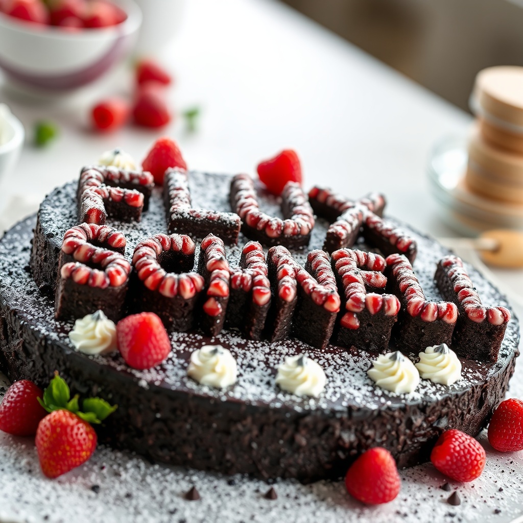 AI generated image by FLUX.1-schnell: black forest gateau cake spelling out the words "FLUX SCHNELL", tasty, food photography, dynamic shot