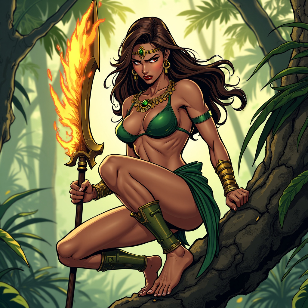 AI generated image by FLUX.1-pro: Comic art of a powerful and confident jungle warrior woman superhero with brown hair, a smooth and athletic body that is not overly muscular. She looks angry and frustrated, crouching barefoot on a sturdy tree branch, gripping a spear with a huge blade emitting golden fire powers. Her long, dark hair flows freely, and she wears a green, leaf-inspired outfit that accentuates her toned physique. Golden jewelry, including a necklace, arm bands, and emerald earrings, adorns her body, with a forehead ornament adding to her regal appearance. Her bare feet grip the branch firmly, emphasizing her agility and connection to nature. The lush jungle around her, with large leaves and sunlight filtering through the trees, creates an atmosphere of adventure and mystery as she prepares for the challenges ahead. A dynamic comic-style illustration of a fierce jungle warrior woman superhero, her smooth, athletic body poised in a crouch on a sturdy tree branch. She has brown hair and a powerful, yet not overly muscular physique. Her expression is one of anger and frustration as she grips a spear with a massive blade that crackles with golden fire energy. She wears a green, leaf-inspired outfit that clings to her body, highlighting her strength. Golden jewelry, including a necklace, arm bands, and emerald earrings, adds a touch of elegance, while a forehead ornament crowns her head. Her bare feet are firmly planted on the branch, showing her deep connection to the natural environment. The surrounding jungle is lush and vibrant, with sunlight streaming through the dense foliage, creating an adventurous and mysterious atmosphere. A comic book scene featuring a powerful and confident jungle warrior woman superhero with long brown hair, crouching barefoot on a sturdy tree branch. Her body is smooth and toned, not overly muscular, and she looks angry and frustrated. In one hand, she grips a spear with a huge blade that radiates golden fire powers. Her green, leaf-inspired outfit accentuates her athletic build, and she is adorned with golden jewelry, including a necklace, arm bands, emerald earrings, and a forehead ornament. Her bare feet clutch the branch, reflecting her agility and natural connection. The jungle around her is dense and lush, with large leaves and sunlight filtering through, adding to the scene’s sense of mystery and impending action. An intense comic art depiction of a beautiful and powerful jungle warrior woman superhero. She has brown hair and a smooth, athletic body that is strong but not overly muscular. She crouches barefoot on a sturdy tree branch, her face twisted in anger and frustration. In her hand, she wields a spear with a massive blade that emits fiery golden energy. Her long dark hair flows wildly, and she wears a green, leaf-themed outfit that highlights her toned physique. Golden jewelry, including a necklace, arm bands, and emerald earrings, complements her look, with a delicate forehead ornament adding a regal touch. Her bare feet grip the branch firmly, emphasizing her connection to the natural world. The jungle around her is lush and vibrant, with sunlight filtering through the trees, creating a setting full of adventure and mystery. A comic-style illustration of a confident and powerful jungle warrior woman superhero with long brown hair, crouching barefoot on a sturdy tree branch. Her body is smooth and athletic, with an air of strength and agility, but not overly muscular. She looks angry and frustrated, gripping a spear with a huge blade that crackles with golden fire energy. She wears a green, leaf-inspired outfit that accentuates her physique, and her body is adorned with golden jewelry, including a necklace, arm bands, emerald earrings, and a forehead ornament. Her bare feet cling to the branch, symbolizing her deep connection with the jungle. The surrounding environment is lush and dense, with large leaves and sunlight piercing through, creating a mysterious and adventurous atmosphere as she prepares for the challenges ahead.