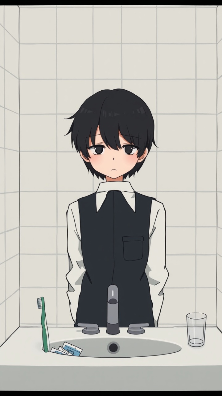 AI generated image by FLUX.1-schnell: Omocat's omori game artstyle, The image depicts a young person standing behind a bathroom sink facing them, their expression somber. Their dark hair is neatly styled, and they are dressed in a white shirt with a dark vest. The tiled walls behind them are plain and featureless, creating a sense of isolation. The only other elements in the scene are a toothbrush and a glass on the counter, suggesting a routine that the individual may find difficult to engage in. The overall mood of the image is melancholic, hinting at a sense of loneliness or sadness. The subdued colors and minimalist composition further contribute to the somber atmosphere.  The image leaves room for interpretation, inviting viewers to consider the inner thoughts and feelings of the subject.