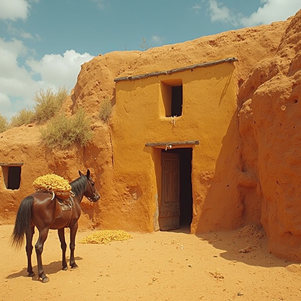 AI generated image by FLUX-Realism-Lora: genera una foto donde aparezca un almacen un poco percudido y que tenga una dimension demasiado grande y un color naranja tipico del adobe con el cual se construyo este almacen donde se almacenaba maiz y frutos secos , ocupo que la imagen sea estilo vintage con una poca calidad ya que requiere una interpretacion de los años 80s . ocupo que la imagen sea lo mas realista posible, tambien agrega caballos con carga de maiz en cual llevan hacia el mismo almacen.