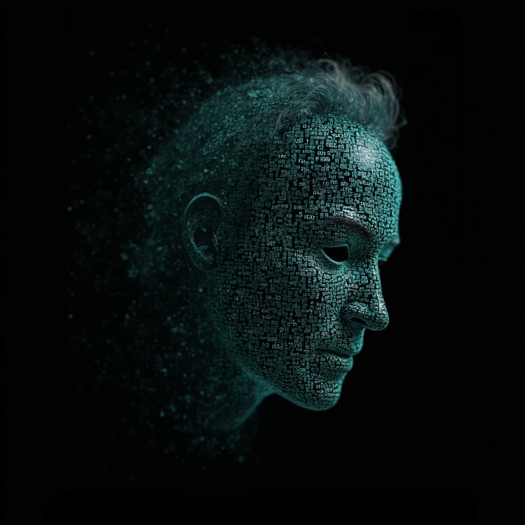 AI generated image by FLUX-Realism-Lora: Richard Feynman's face as a digital mask made from thousands of turquoise numbers and formulas forming his face. the formulas and numbers fly behind the mask leaving a trail of complexity. the mask is floating dynamically in mid air. his head is turned to the right but his eyes are looking directly into the camera. the mask is on a black background.  like a png with black only background. photo realistic, sci-fy