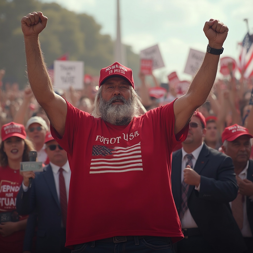 AI generated image by FLUX-Realism-Lora: A photorealistic picture of a 40 year old Indian American man who is standing next to Donald Trump at a MAGA rally. He has a BMI of 30 and is wearing a red MAGA hat and a red t-shirt that says, "Deport the illegals." He has his arms up in the air and is yelling USA