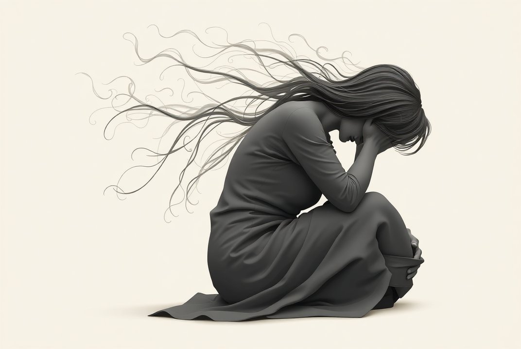 AI generated image by FLUX.1-schnell: 
> Landscape orientation, 3:2 aspect ratio. A fully clothed, faceless female figure seated on the ground in a curled, tense posture, arms wrapped around her legs and head gently bowed. She wears a simple, loose-fitting dress or minimal soft clothing that clearly indicates she is clothed while preserving a gentle silhouette. From her hair, extend thick strands that dissolve into soft smoke, tangled organic lines, or light swirling textures — flowing upward and outward. Around her body, include mild shadows or flowing light textures that radiate outward, symbolizing internal emotional discomfort. The entire composition should feel organic and cohesive — avoid floating or disconnected elements. Use a light background with warm neutral tones or soft gray gradients. The figure should be in a deep gray or soft earthy tone, with gentle shading — do not use full black. Leave negative space to one side for text placement. No nudity. Symbolic emotional language only.

