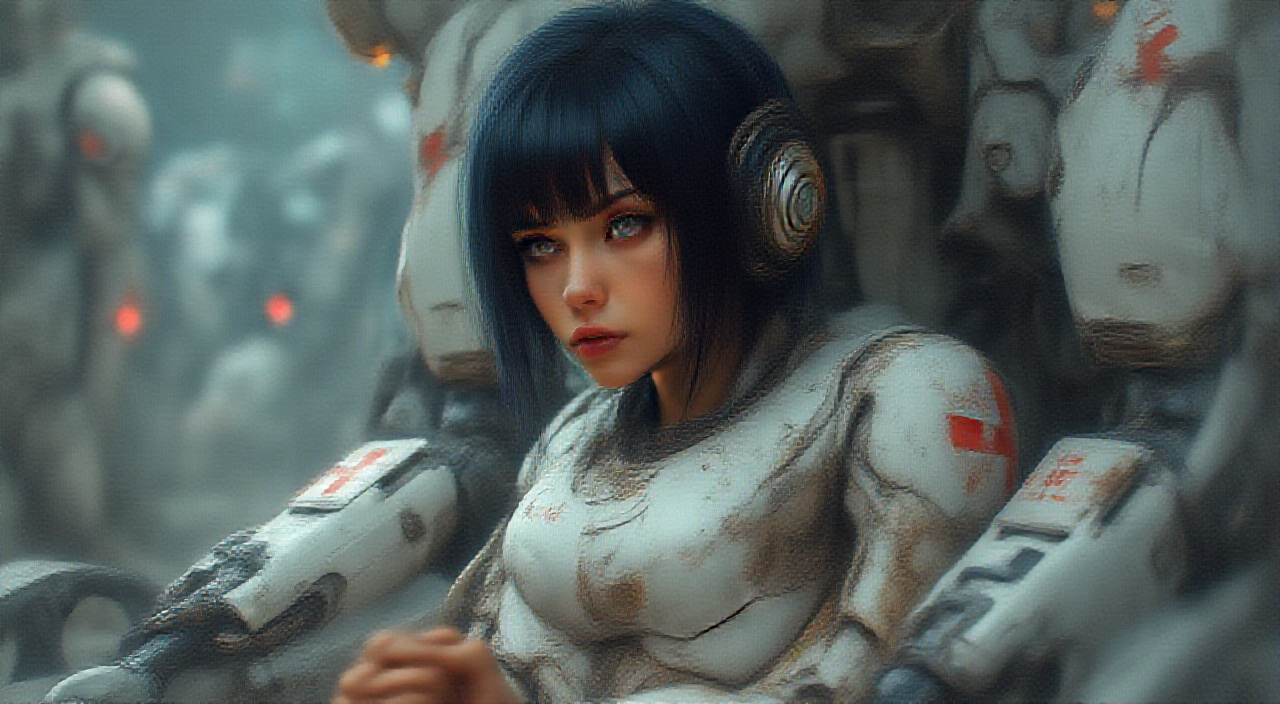 AI generated image by FLUX.1-pro: 4k, (masterpiece:1.3), (photorealism:1.3), (best quality:1.5), insane details, intricate details, hyperdetailed, cinematic lighting, 
A realistic wide-angle photograph of a young woman sitting in the cockpit of a fantastic mech robot in a futuristic sci-fi setting. She is slim and curvy, with short black bob hair that is smooth and shiny. Thoughtful tired face, distant look  She has blue eyes and a beautiful face with delicate thin lips. Her figure resembles that of a supermodel, but she is not too thin, rather sporty and toned. She wears white high-tech medical armor with a red cross insignia. The armor shows traces of burns, scratches, bullet marks, dust and dirt., The inscription "RIEL" on the armor's shoulder pads, The background shows hangar of fantastic mecha robots with medical symbols, The scene is detailed, with sharp backgrounds showcasing futuristic elements and a high-tech atmosphere