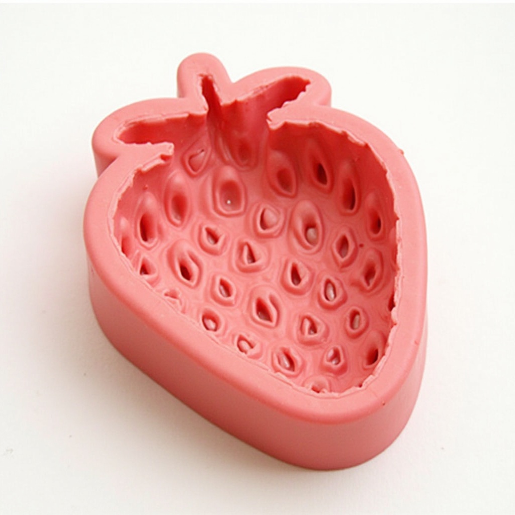 AI generated image by FLUX-Realism-Lora: Detailed 3D model of a strawberry-shaped silicone mold for cake making, focusing on realistic strawberry texture and details. The mold should have a smooth, shiny inner surface for easy release and a semi-transparent silicone material. The strawberry design includes realistic seeds, natural curves, and a slightly glossy finish. Background should be neutral white to emphasize the mold's details, and the overall design should be practical for baking purposes.