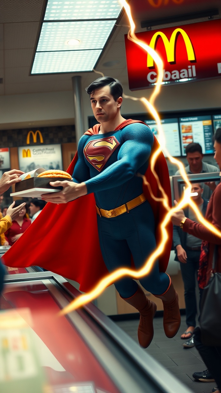 AI generated image by FLUX.1-schnell: 
Superman handing a tray of food to a customer at lightning speed, modern era, wearing a McDonald's uniform, inside a McDonald's counter area, customers looking confused at how fast he moved, the counter and menu screens in the background, medium shot, hyper-realistic, photo realism, cinematography