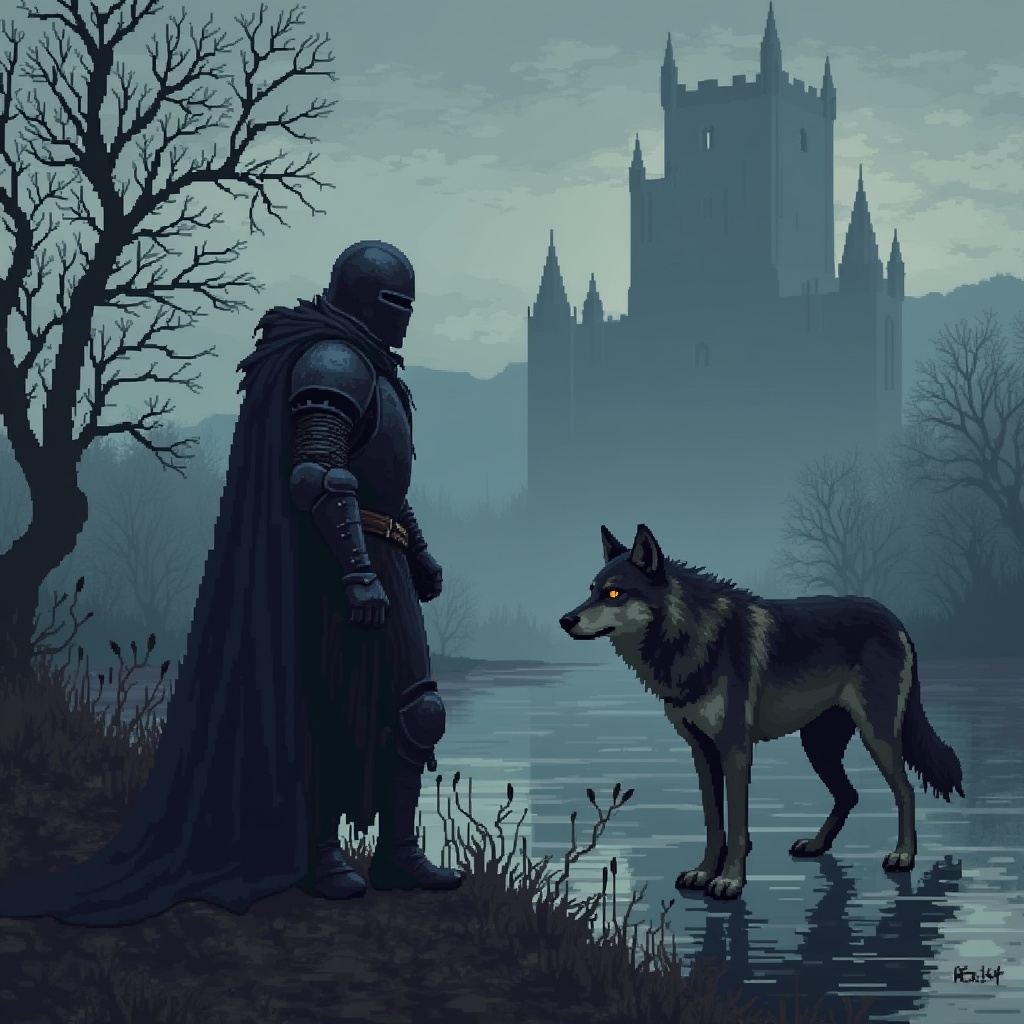 AI generated image by FLUX.1: MAKE THE FOLLOWING PROMPT IN A GRAINY, PIXELATED, RETRO STYLE: "A dark, weathered knight clad in battle-worn blackened armor stands solemnly in an eerie marshland at dusk. His cloak, tattered and damp, billows in the cold, whispering wind. Beside him, a massive wolf with piercing amber eyes and a coat streaked with silver and shadow stands alert—fierce yet devoted, exuding loyalty and raw power. In the misty distance, a towering, ancient castle looms, half-shrouded in fog, its jagged spires silhouetted against a brooding overcast sky. The murky marsh reflects twisted trees and glimmers of fading light, casting an otherworldly glow across the hauntingly beautiful landscape."