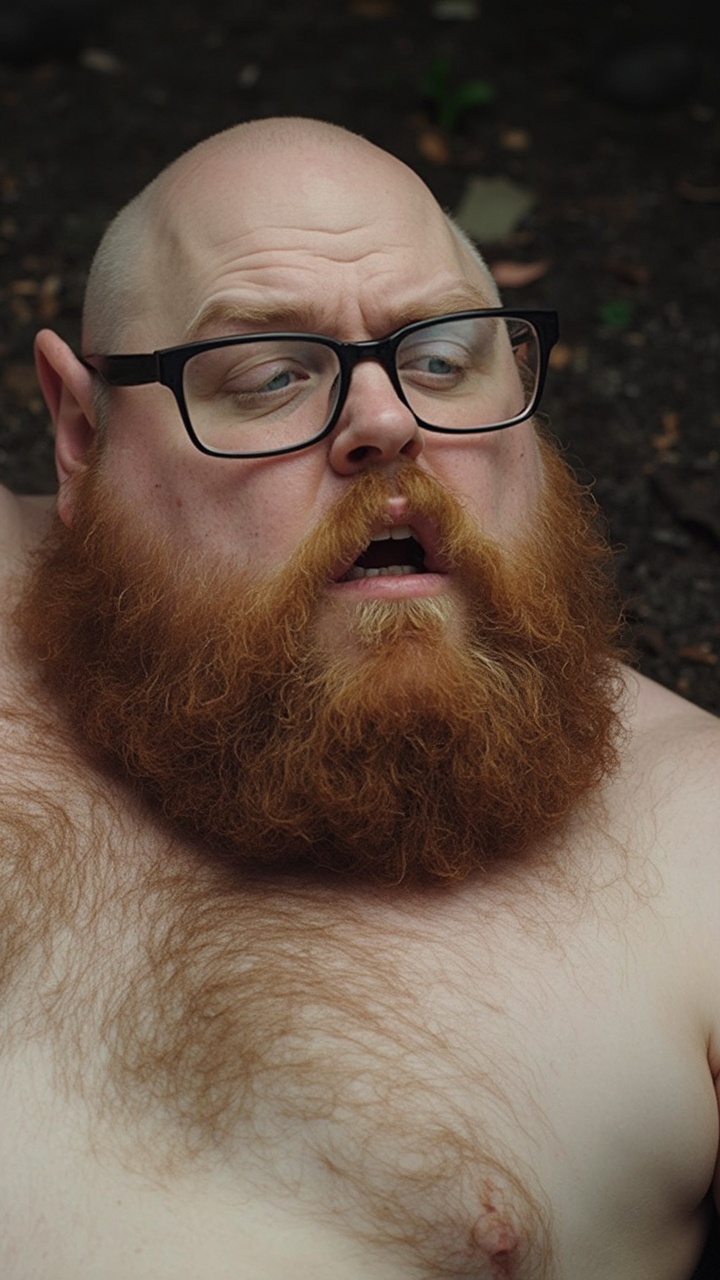 AI generated image by FLUX-Realism-Lora: big dick white bear-type gay man with glasses and a ginger trimmed beard, he lays down on the ground, completely naked and exposed. 