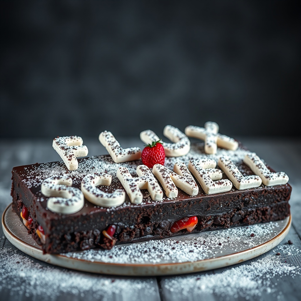 AI generated image by FLUX.1-schnell: black forest gateau cake spelling out the words "FLUX SCHNELL", tasty, food photography, dynamic shot