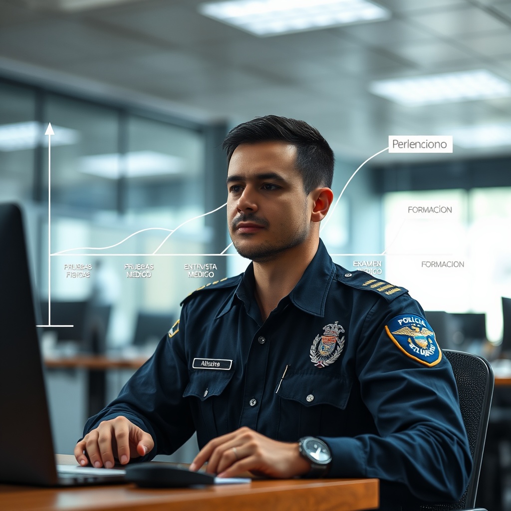 AI generated image by FLUX.1-schnell: "Cree una imagen donde un policia de colombia analista de datos esté trabajando en una estación de trabajo, con un grafo dirigido de fondo. El grafo debe representar una ruta de selección de personal para la Policía Nacional de Colombia. En el grafo, se deben visualizar nodos que representen diferentes etapas del proceso de selección, como 'Reclutamiento', 'Pruebas Físicas', 'Entrevista', 'Examen Médico', y 'Formación'. Las aristas dirigidas deben mostrar el flujo de una etapa a otra, indicando la secuencia del proceso. El analista de datos debe estar observando el grafo con atención, posiblemente utilizando herramientas de análisis de datos en su pantalla, policia nacional de colombia."