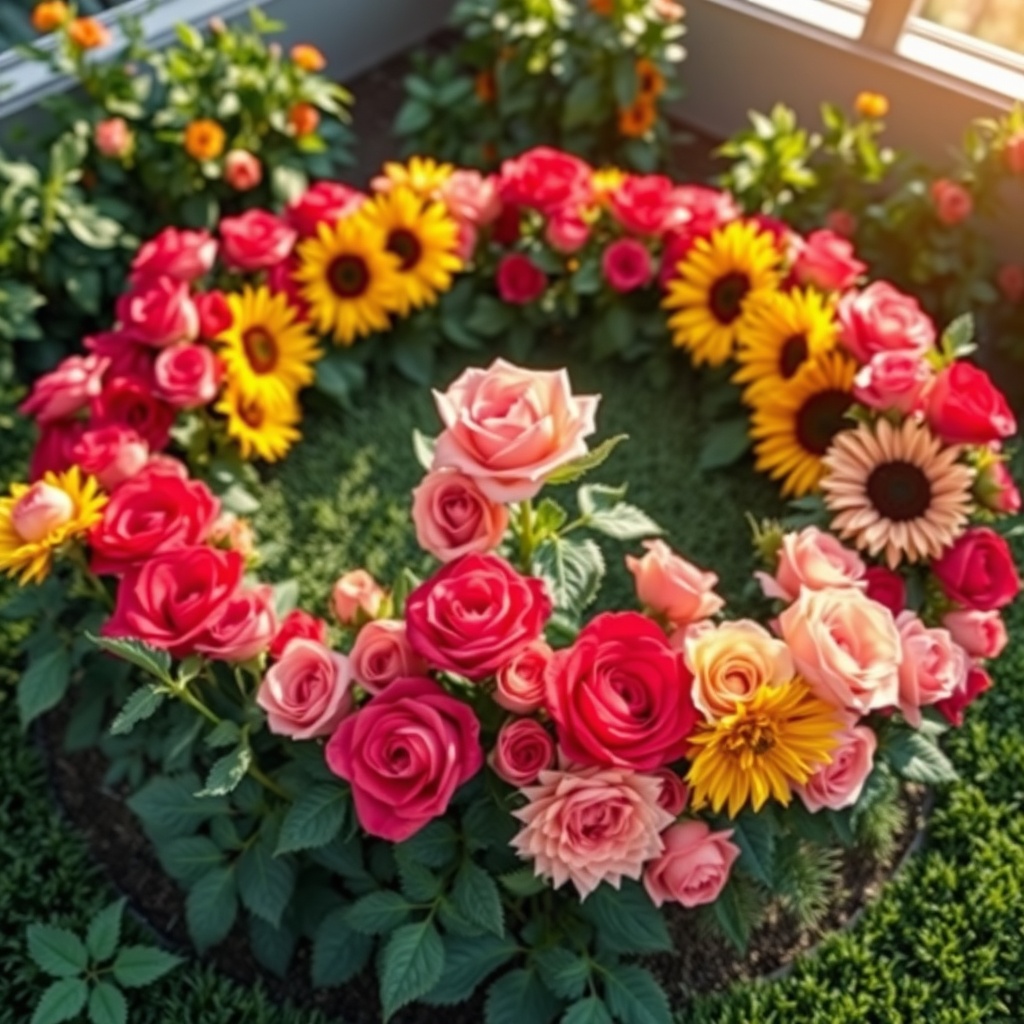 AI generated image by FLUX.1-schnell: A realistic, high-resolution photo of a medium-sized circular garden beautifully arranged with vibrant roses and sunflowers, soft natural lighting, highly detailed petals, lush greenery, warm and inviting atmosphere, professional photography, sharp focus, elegant composition