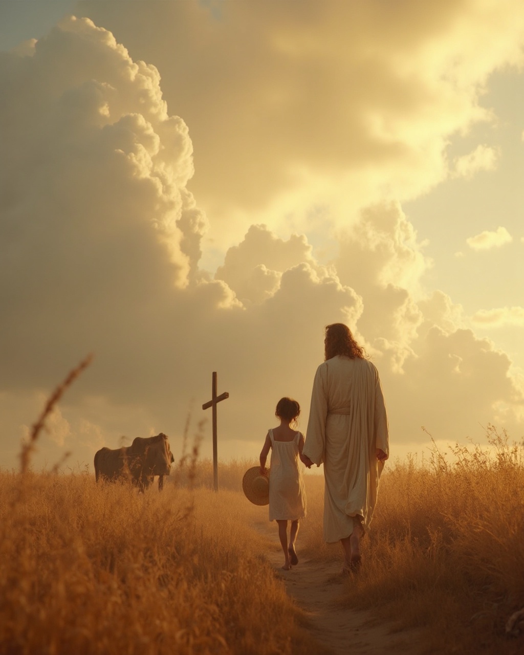 AI generated image by FLUX-Realism-Lora: A serene, cinematic scene captures Jesus walking with a young girl across an ancient, pastoral landscape under a vast, softly illuminated sky. Thick clouds are painted in warm, golden hues by the setting sun, casting a gentle glow over the scene. The camera begins at a mid-level angle, focusing on Jesus, dressed in simple, earth-toned robes, walking thoughtfully and exuding calm strength and compassion. Beside him, the young girl gazes up at him with quiet curiosity and trust, her small hand in his as she holds a humble straw hat in the other. She walks barefoot on the dry, golden grass, symbolizing innocence and humility. In the background, rustic elements—such as a weathered wooden cross and a lone ox grazing nearby—add to the spiritual calm and timeless quality of the scene. The camera follows them with a slow, steady movement, capturing every intricate detail—the texture of Jesus' robes, the soft movement of their steps, and the warm light on their faces. Subtle shifts in framing emphasize the vast, peaceful sky above, enhancing the emotional depth and sacred atmosphere of their journey. Each frame is filled with cinematic warmth and reverent beauty. Ultra smooth, coherent movement, shot with IMAX camera, masterpiece quality, hyper detailed photorealism, ultra high definition, award-winning cinematography, extreme realism, cinematic crisp, vivid, emotional, cinematic HD photorealistic realism.