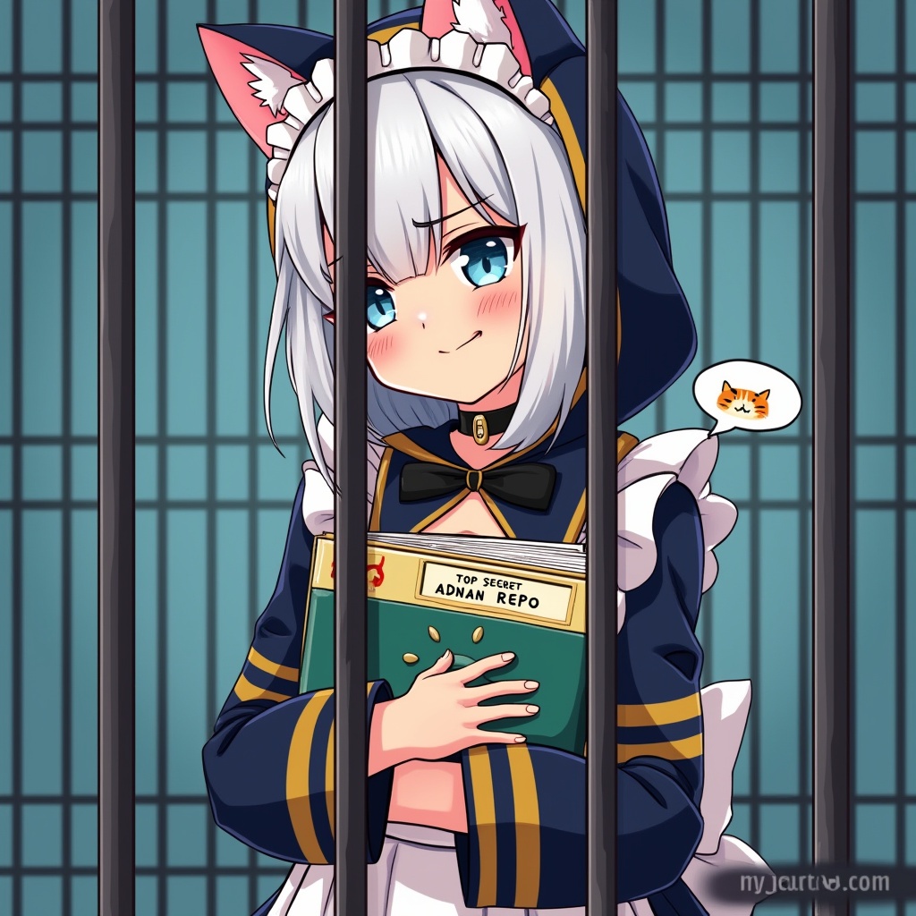 AI generated image by FLUX.1-pro: masterpiece, best quality, 1girl, solo, breasts, short hair, bangs, blue eyes, (beret:1.2), blue and gold striped maid dress, skirt, collarbone, upper body, ahoge, white hair, choker, virtual youtuber, (cat ears:1.2), animal ear fluff, (black ribbon:1.2), anime art style, pixelated ms paint style girl wearing a hoodie and ski mask, smirking nervously while hugging a padlocked folder labeled "TOP SECRET ADNAN REPO", text reads "my precious code", small github logo visible in background behind reinforced steel bars