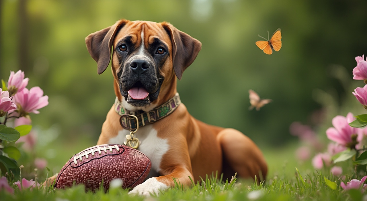 AI generated image by FLUX-Realism-Lora: A beautiful full body image of a brown boxer dog with  "Ajax" written on it's dog tag hanging from his collar,   he is all brown with a white chest and white front paws , he sits happily in a green lush garden with  pink magnolia flowers  and  a detailed american football under it's front paw, surrounded by nature, butterflies, flowers and birds 





