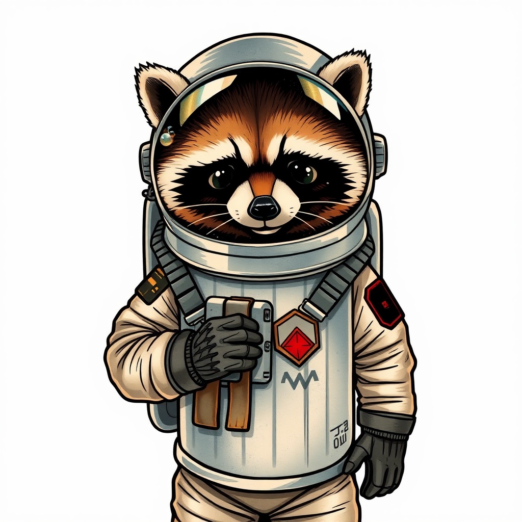 AI generated image by FLUX.1-schnell: Raccoon astronaut, wearing a trashcan as a spacesuit, tattoo style
