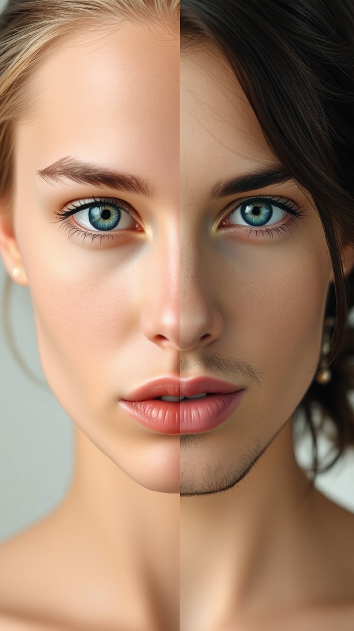 AI generated image by FLUX.1-schnell: A front facing portrait that is half male on the right, half female on the left