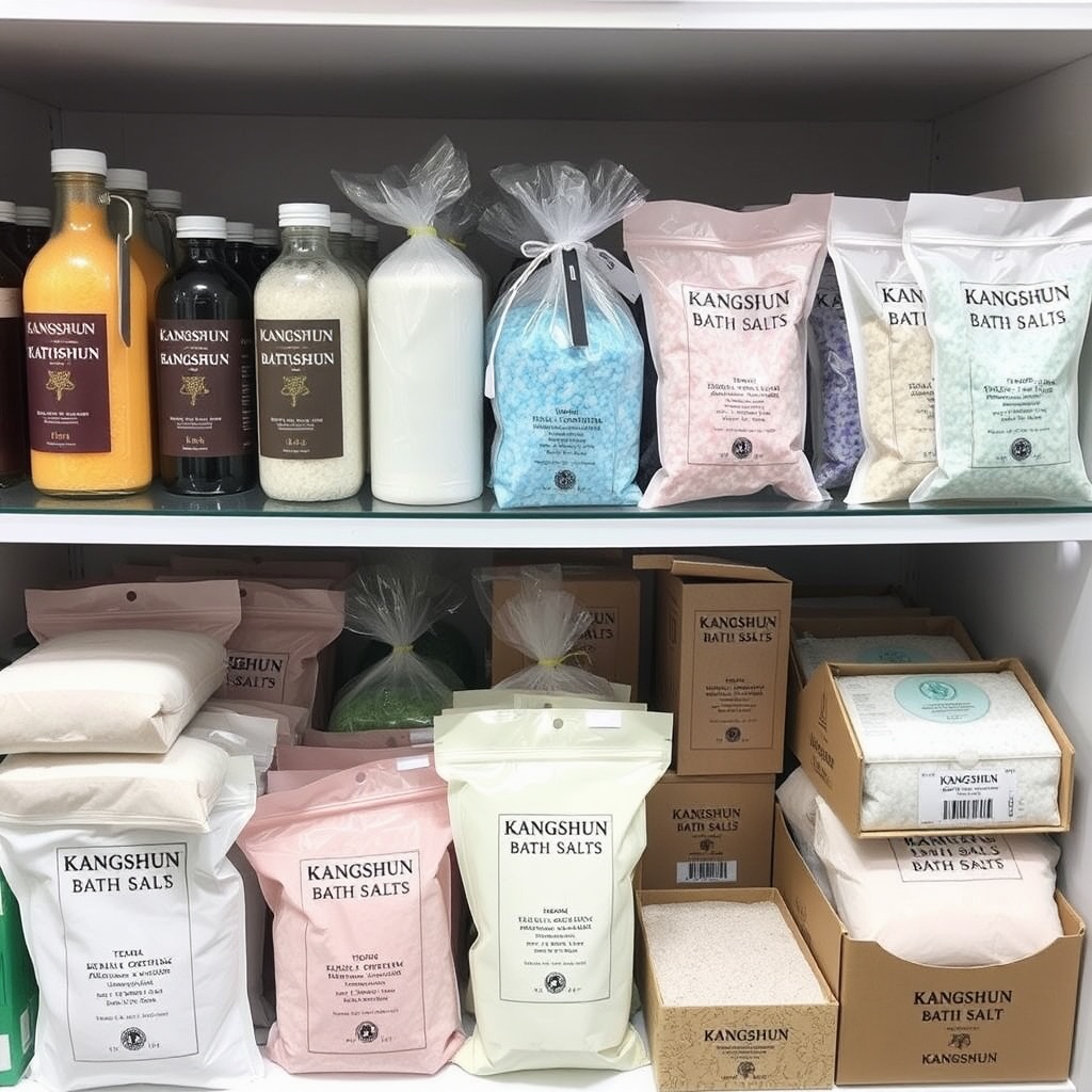 AI generated image by FLUX.1-schnell: Various packaged bath salts are neatly placed on the shelves. There are those in bottles, in bags, and in boxes. The lighting is bright, and all the packages bear the trademark of "KANGSHUN".
