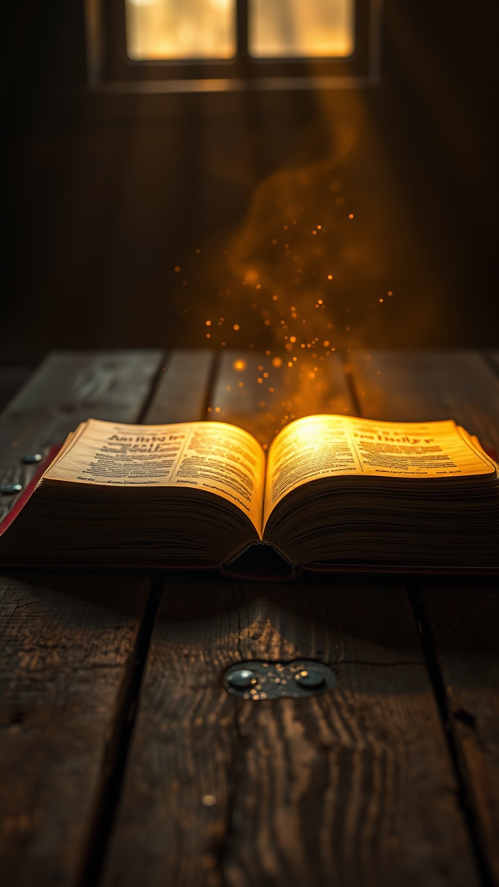 AI generated image by FLUX.1-schnell: Ancient Holy Bible resting on a rustic wooden table, golden divine light shining from the open pages, dust particles floating in the air, dramatic cinematic lighting, deep shadows, sacred atmosphere, ultra realistic, 8k, depth of field, spiritual and majestic mood --ar 9:16